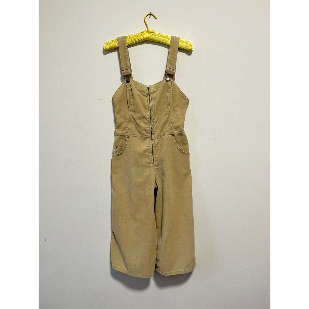 70s Vintage Levis Tan Corduroy Shorts Cropped Culotte Overalls Zip Front 9 XS